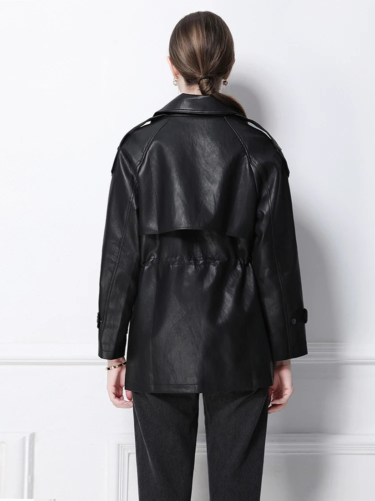الخريف الشتاء المرأة بولي Leather الجلود متوسطة طويلة سترة جلدية معطف مزدوجة الصدر سترة واقية سترة جلدية فضفاضة غير رسمية S161