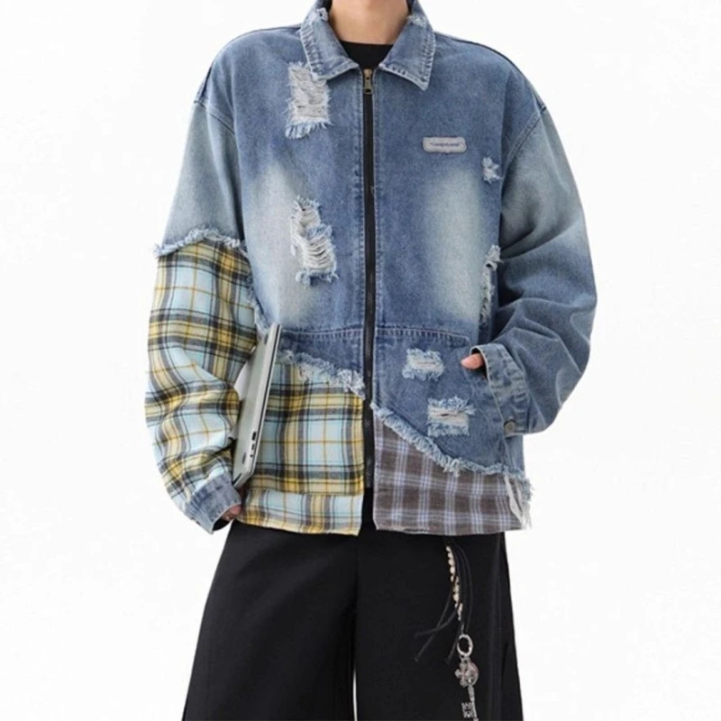 Plaid splicing denim jacket men's new retro design casual jacket men's