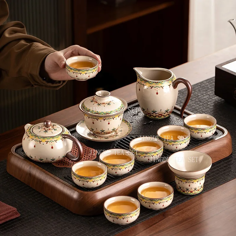 

Dunhuang Rice Yellow Ru Kiln Tea Set High End Ceramic Kung Fu Tea Pot and Teacup for Household Use Chinese Tea Set Accessories