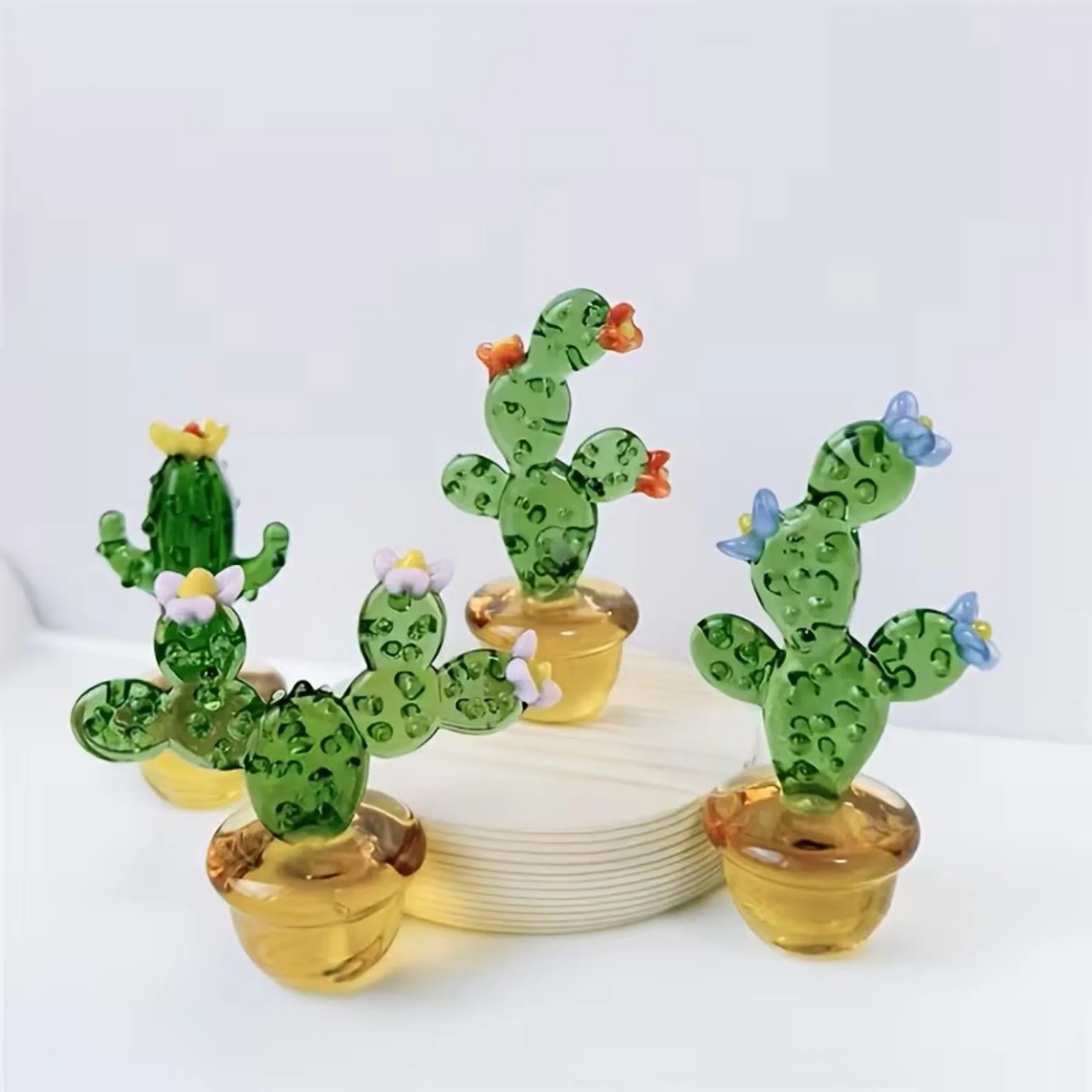 1PC Mini Glass Cactus Figurine - Handmade Succulent Desk Decor, Car Ornament, Birthday Christmas Mother's Day Gift