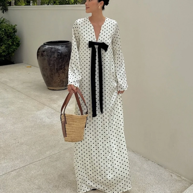 

TARUXY Bow V-Neck Printed Polka Dots Dress Women's Fashion Long Sleeves Loose Leisure Long Dress Autumn Grace Commuting Dress