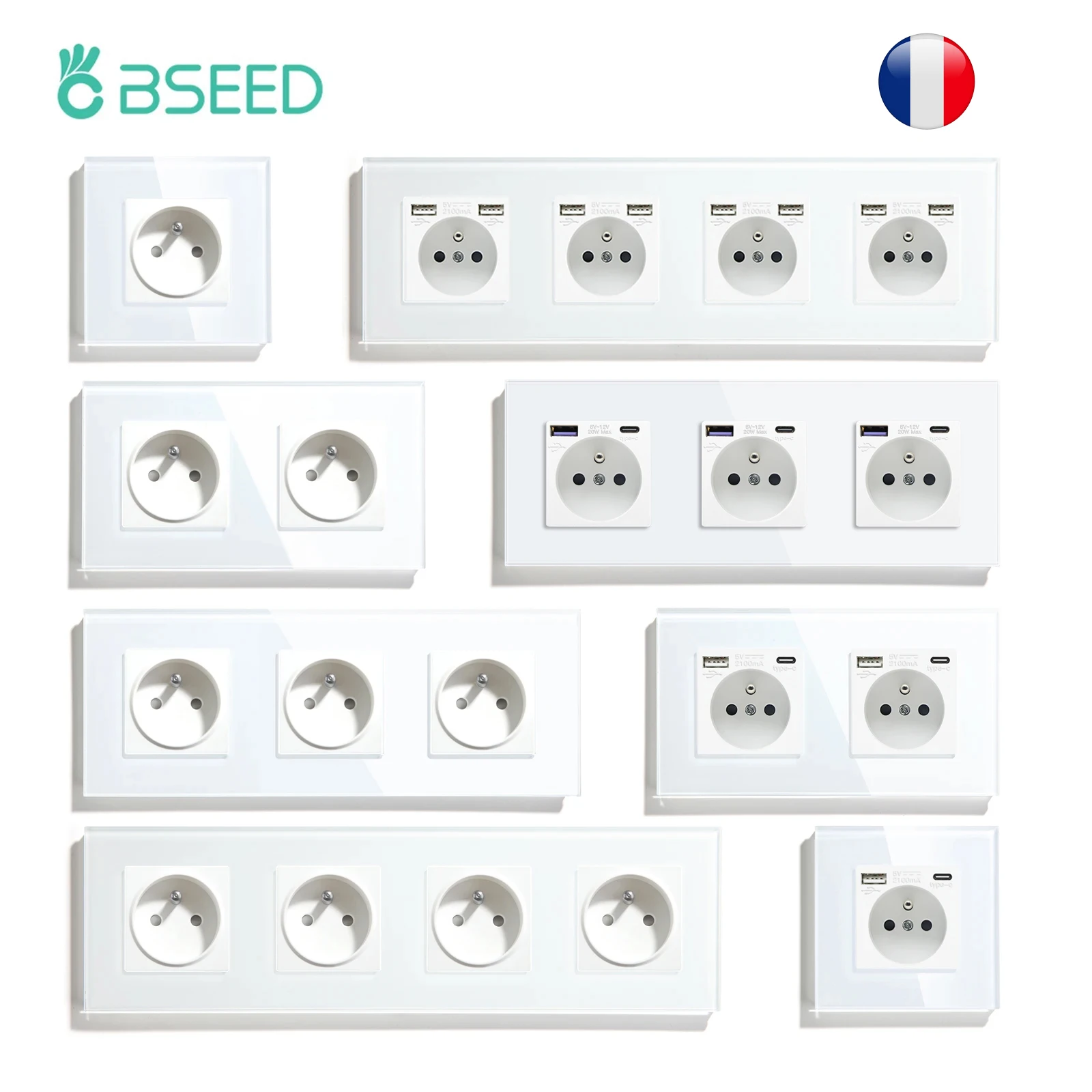 BSEED French Sockets Power Outlet FR Glass Socket 16a Wall Socket For Home Office Bedroom Simply Stylish Glass Panel White