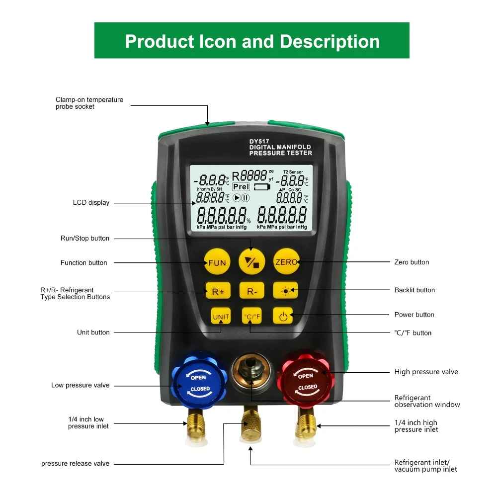 

DUOYI DY517A Digital Manifold Meter Air Conditioning Vacuum Gauge for Refrigeration HVAC Vacuum Pressure Temperature Tester Set