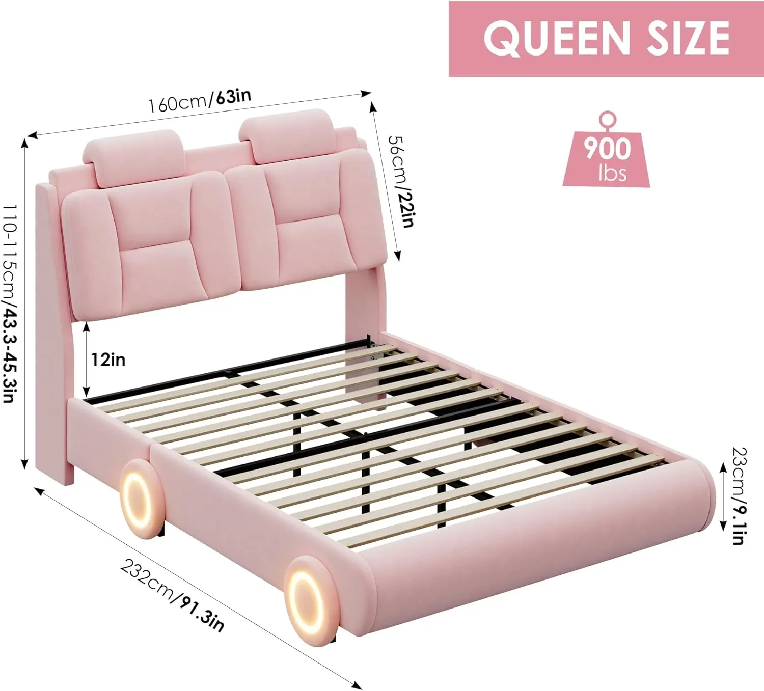 Queen Upholstered Led Bed Frame with Wheels Decor & Adjustable Curved Headboard Modern Car-Shaped Platform Bed with Detachable