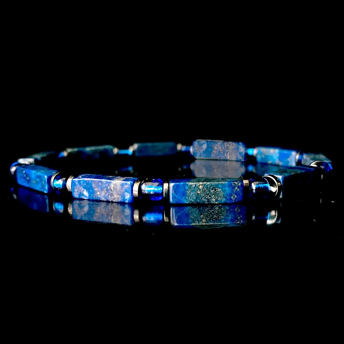 Vintage Lapis Lazuli Square Bead Memory Bracelet, Handmade Elastic Rope Natural Stone Jewelry, Skin-Friendly, Adjustable Gift
