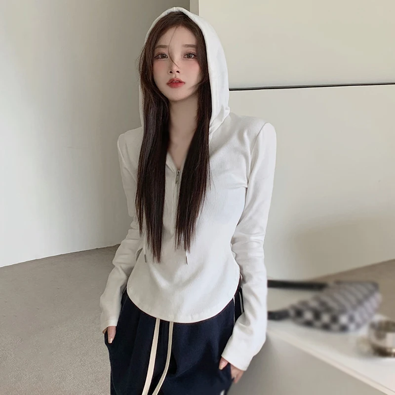 Spring Autumn Long Sleeves Women's Tops Pullover Hooded Top Solid Colour Casual Fashion Zipper Hooded Versatile Sports