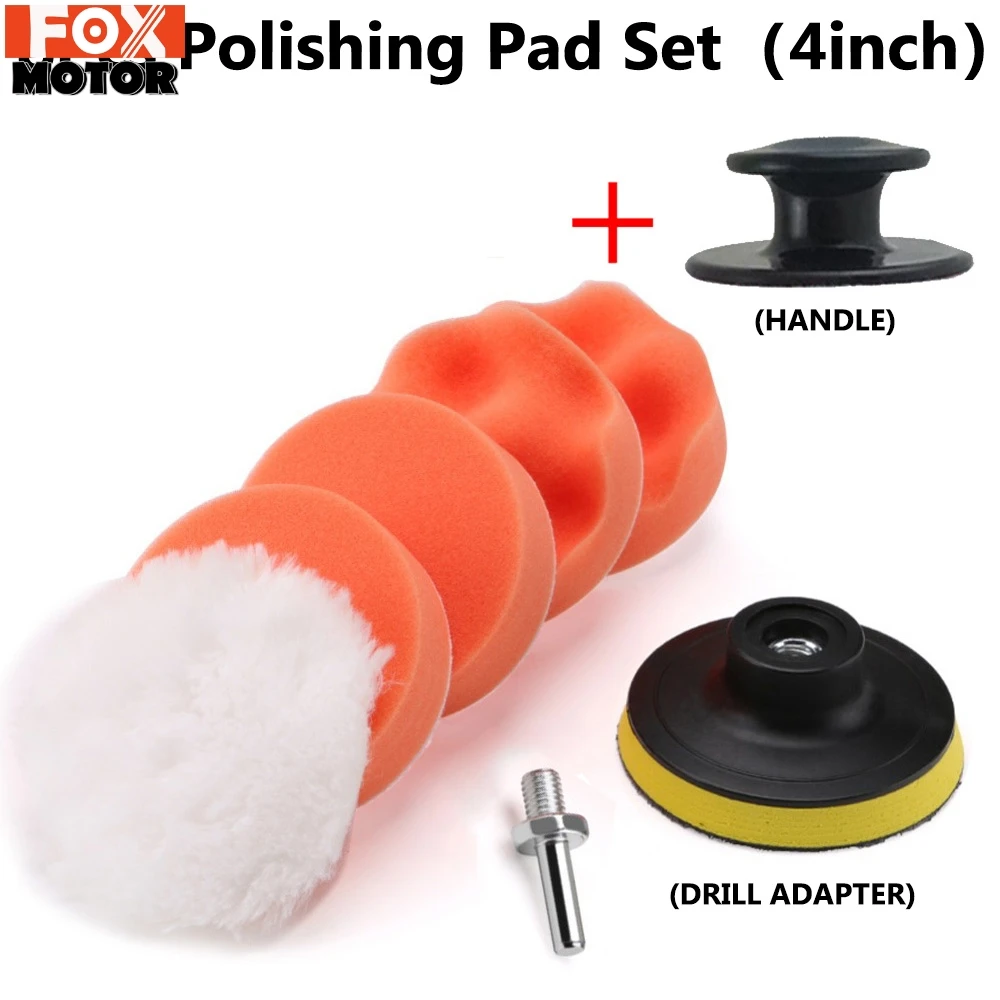 8Pcs Buffing Pad Set Thread 4 inch（100mm）Auto Car Polishing pad Kit for Car Polisher Manual Polishing Gripper Handle Drill