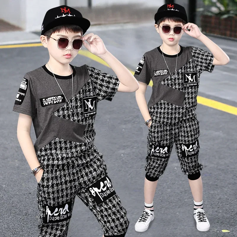 

Summer Kids Clothes Sets for Boys 4 6 8 9 10 12 Years Fashion Splicing Short Sleeve T Shirt + Pants School Children Sport Suit