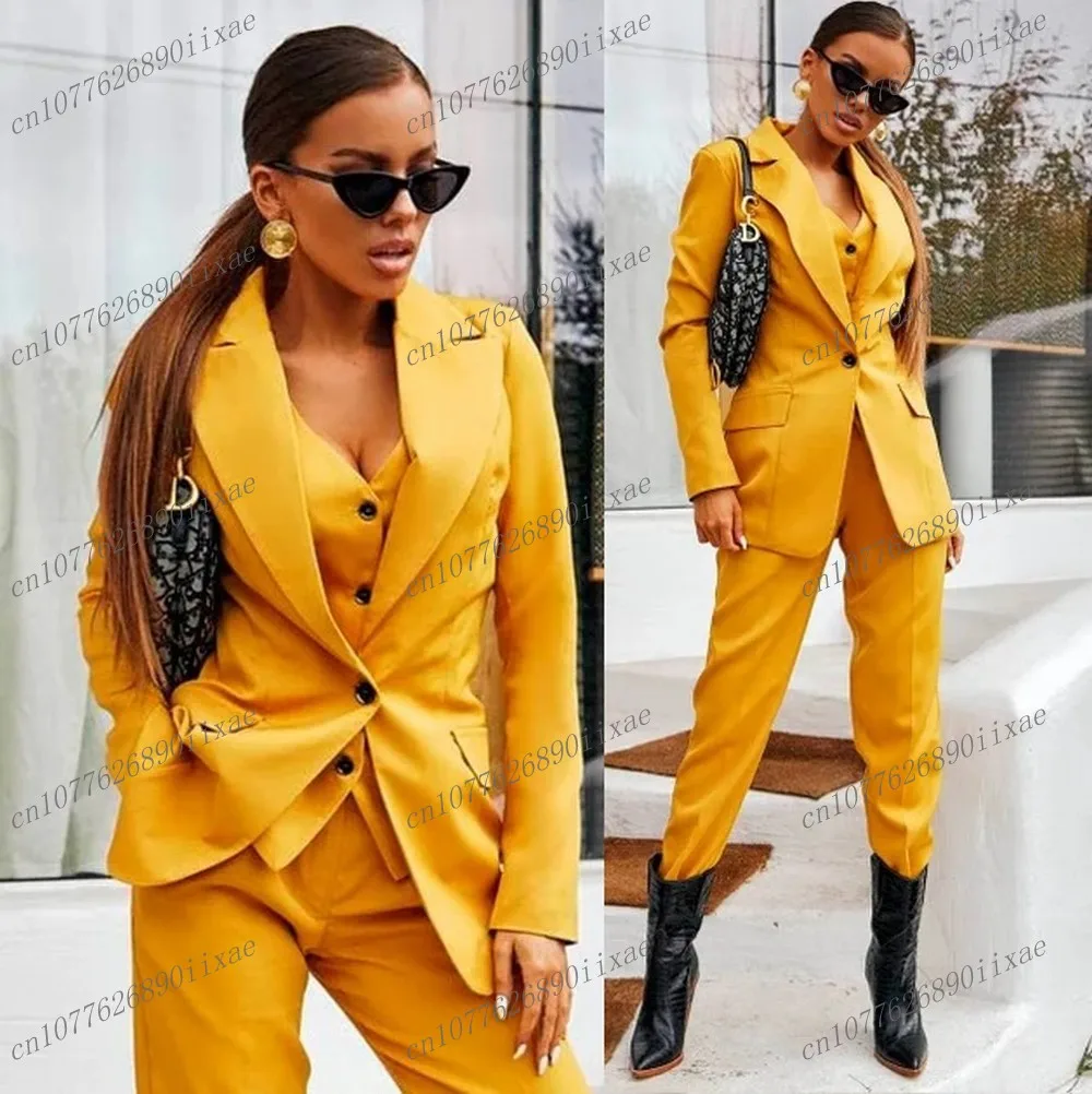 Dark Yellow Women Suits Lady Business Office Tuxedos Mother Wedding Party Formal Occasions Ladies 3 Piece Set Jacket Vest Pants