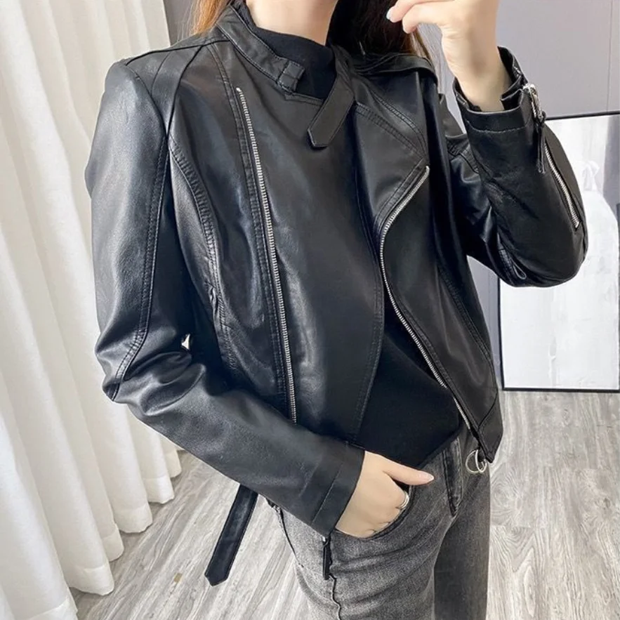 Women\'s PU Leather Jacket with Belt, Short Coat, Stand Collar, Motorcycle Washed Leather Jacket, Spring, New, High Quality, 2024