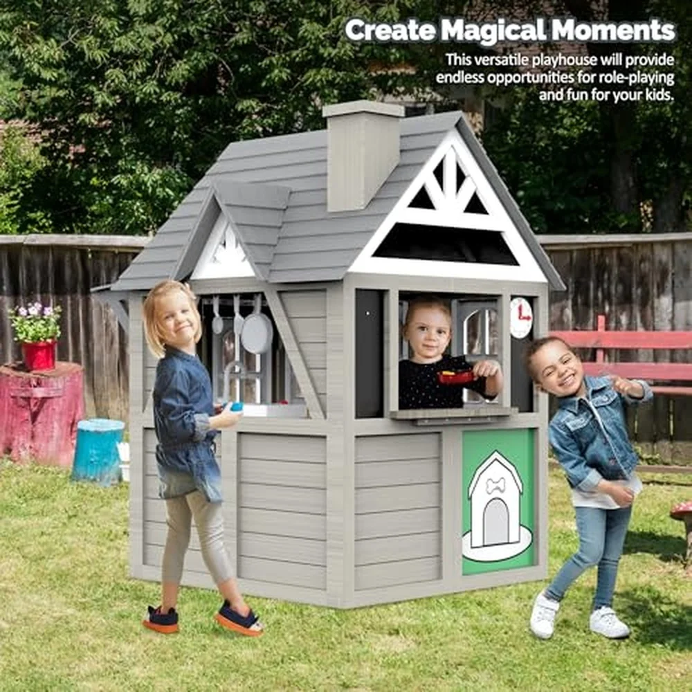 Outdoor Kids Playhouse All Fir Gray Modern Wooden Playhouse Indoor Outdoor Cottage Play House w/Sink Stove Cookware