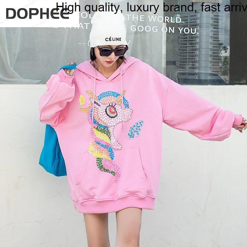 Hoodie Trendy Cartoon Top 2023 New Autumn Winter Loose Mid-long Pullovers Sweatshirt Diamond Bead Long Sleeve Sweatshirts