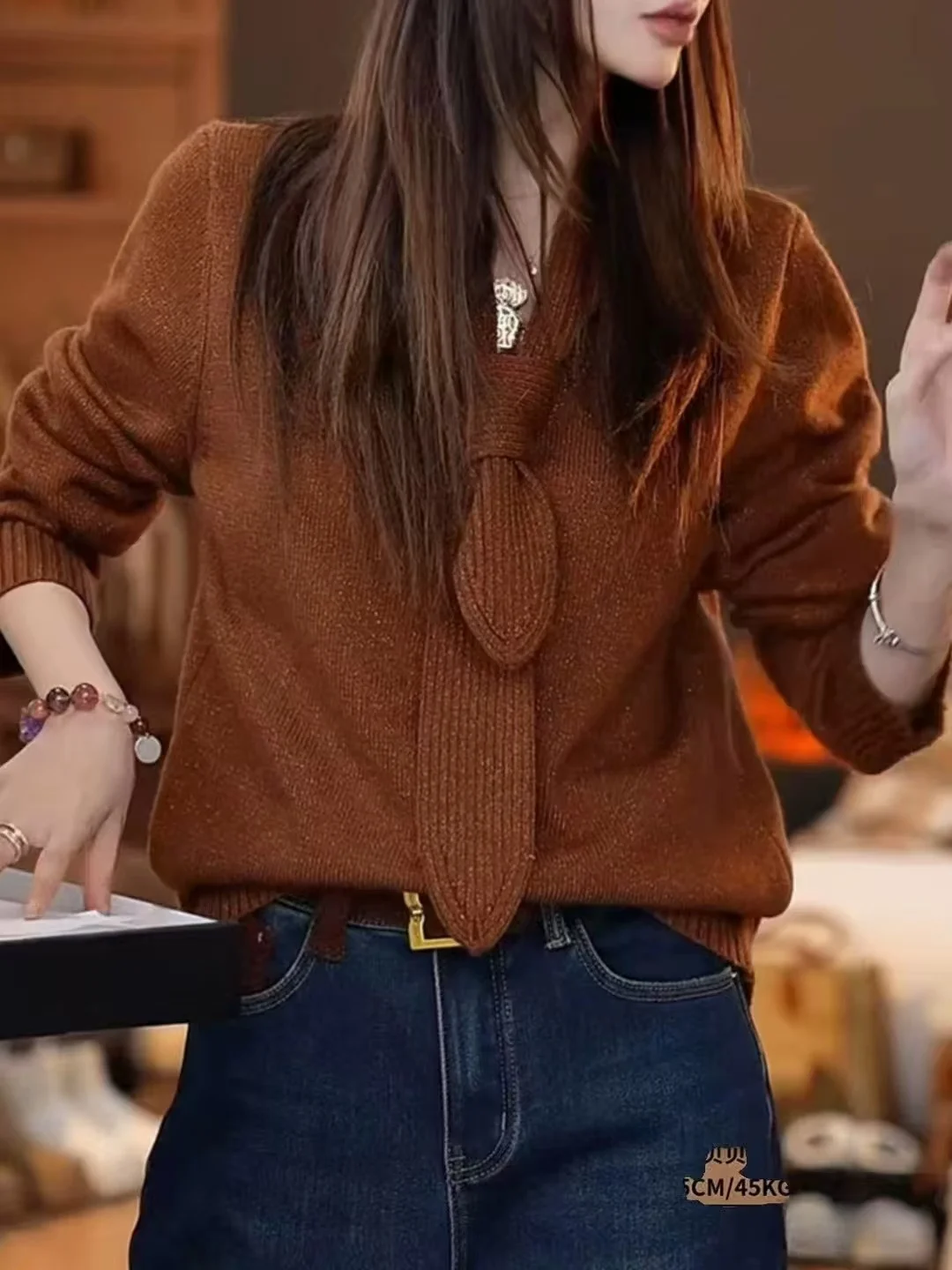 

Ele Knitted Sweater Women's Casual Inner Wear Base Top Faionable Autumn Winter New Sle Knitwear with Bow Tie
