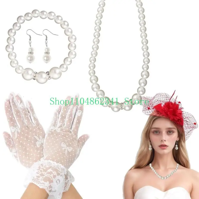 5asd 1920s Teas Party Fascinators Hat Headband Lace Gloves Necklace Bracelet Earrings 5Pcs Halloween Teas Party Accessories