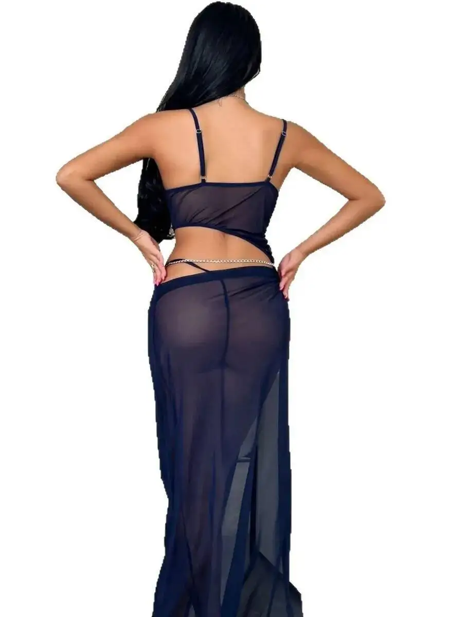 시스루 나이트드레스 브이넥 레이스 섹시 슬립웨어 섹시 드레스 스트랩 홈 롱 드레스 투명 순수 욕망 롱 드레스 순수 욕망 8ZWT