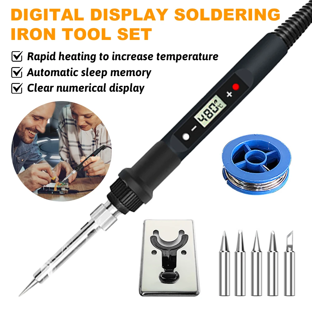 80W Digital Electric Soldering Iron Set Kit 110V US Plug Temperature Adjustable LCD Display Solder Welding Iron Tool Tips
