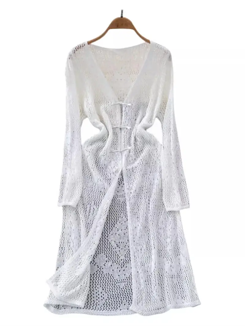 New Chinese Style Button Up Long Sleeved Sun Protection Dress For Women 2024 Summer New Slim Fit Beach Lace Tunic Dress K641