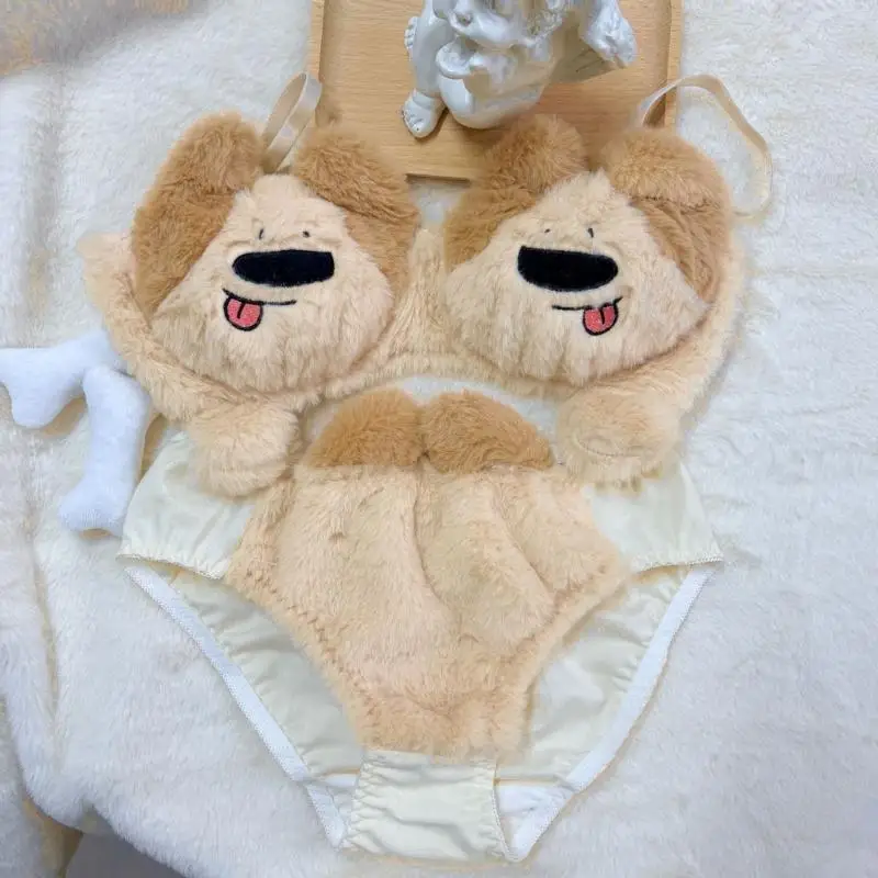 Y3NE Women's Cartoon Puppy Dog Winter Lingerie Furry Plush Bra and Panty Set School Girl Japanese Anime Cosplay Underwear