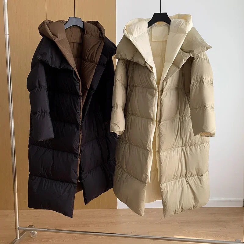 Abrigo de invierno de dos piezas falso con contraste para mujer, Parkas largas con capucha, chaqueta de plumón de pato blanca cálida y gruesa con