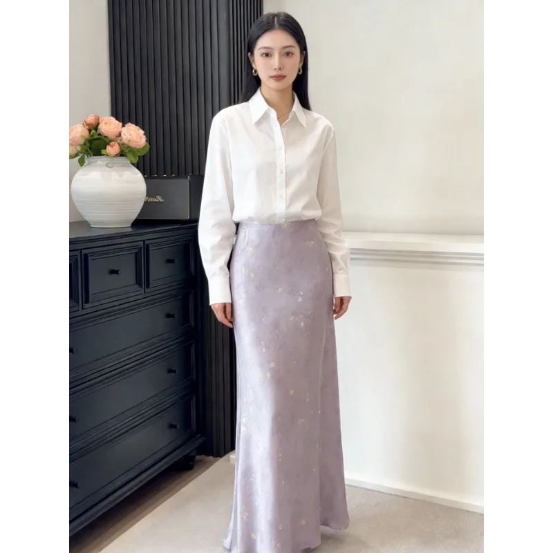 New Elegant 2026 Spring Summer Women Skirt High-waisted Slimming A-line Butterfly Jacquard Drapey Fishtail Skirt