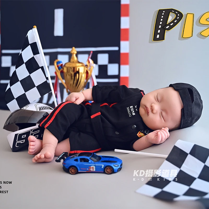 Cool Racing Car Newborn Photography Props - Black Suit, Cap & Checkered Flag White Helmet Props Infant Boy Photo Shoot Costumes
