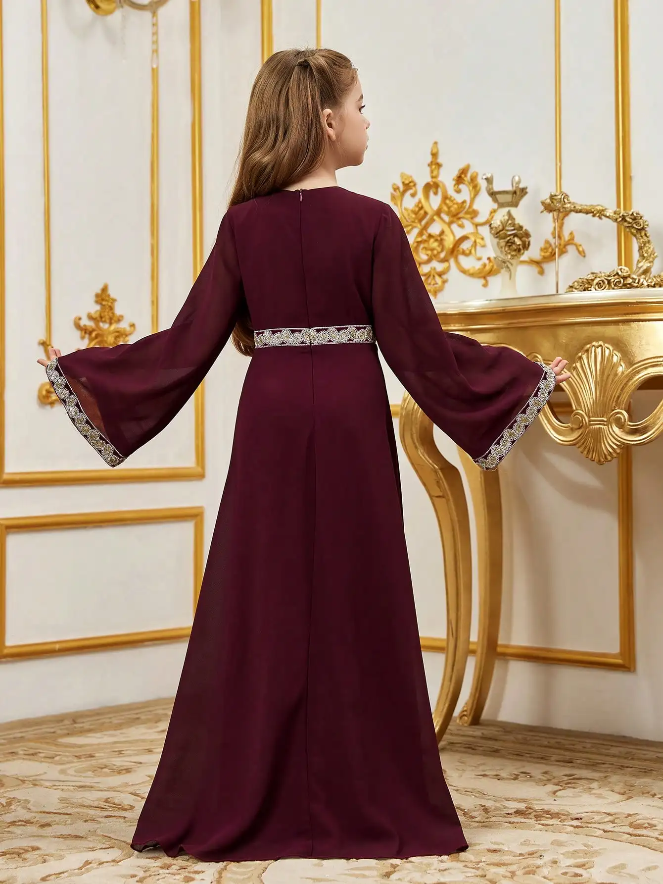 Flare Sleeve Patchwork Ribbon & Chiffon Party Dress,V-Neck Long Sleeve Color Block Knit Dress with Lace Decoration