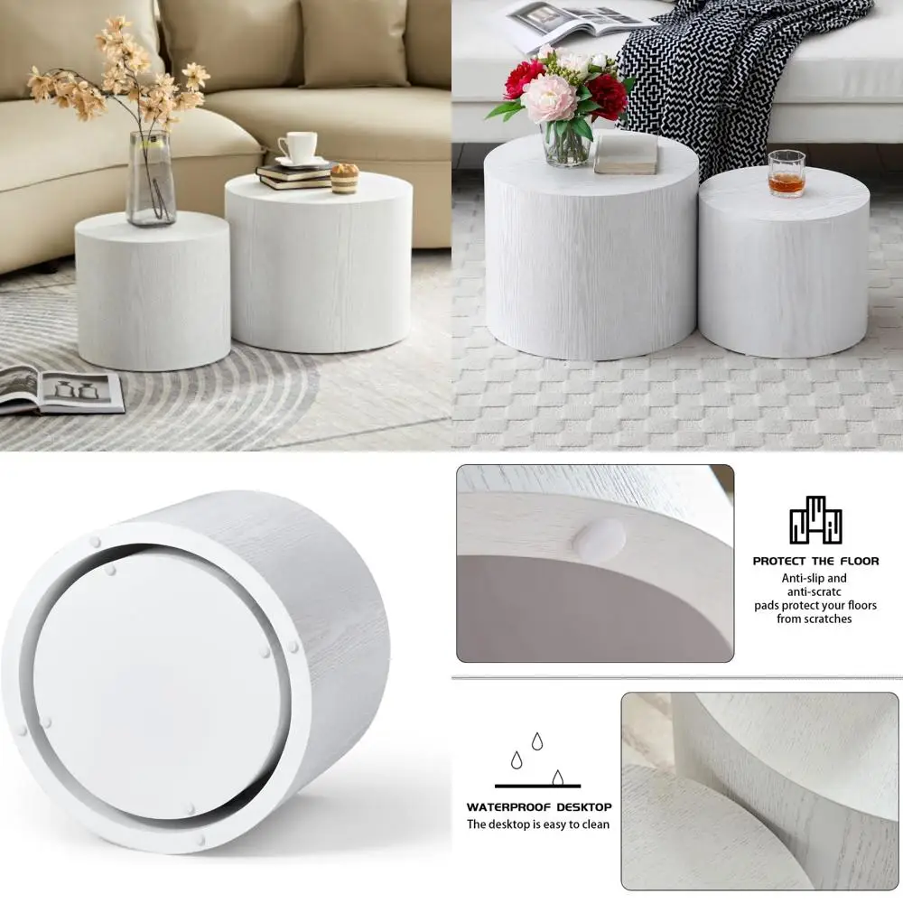 

Pair of Modern Round Wooden Coffee Tables with Anti-Slip Bases for Compact Living Spaces
