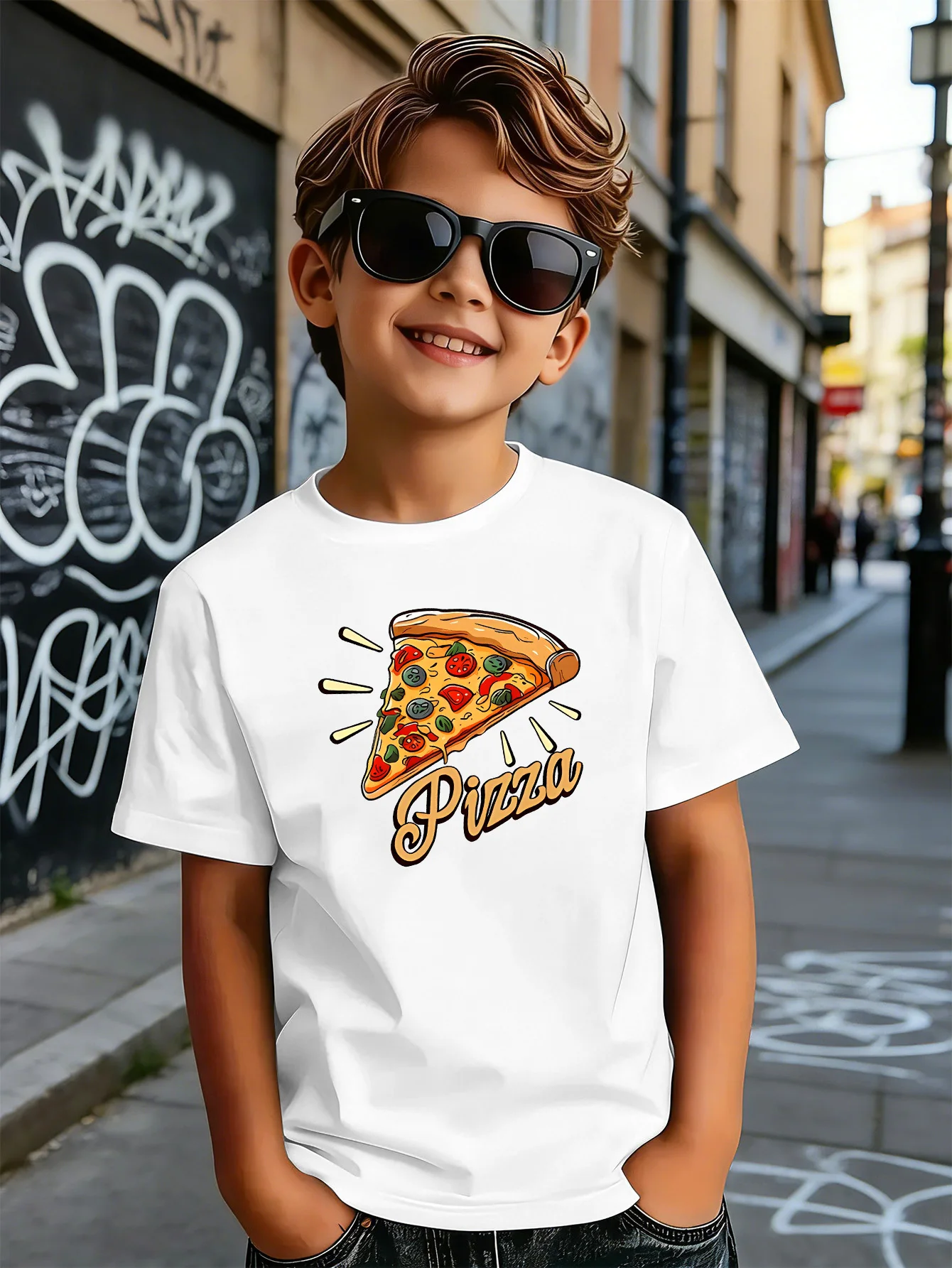 Tasty Pizza Slice Food Cartoon Print Boys Girls Family Matching Cotton Short Sleeve Crew Neck Soft Summer Kids Casual Tees