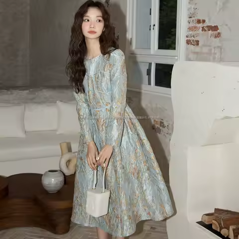 Summer Knee-Length Jacquard Dress Sweet Girl O-neck Slim Waist Floral Dress Evening Wedding Events for Young Lady Birthday Gift