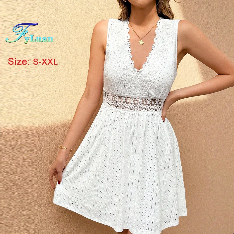 Zomer Zoete Damesjurk Witte V-hals Mouwloos Uitgesneden Splitsen Hoge Taille Kanten Jurk Strandvakantie Fee Stijl Jurk