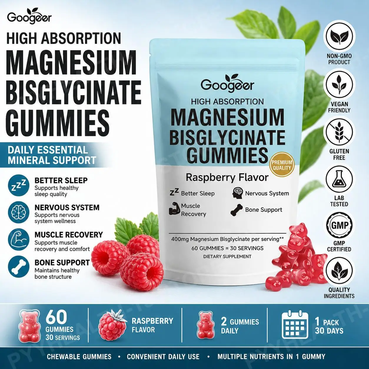 

Googeer Magnesium Bisglycinate Gummies with Vitamin D3 and Zinc for Sleep Quality Support, Nervous System Wellness, 60 Gummies