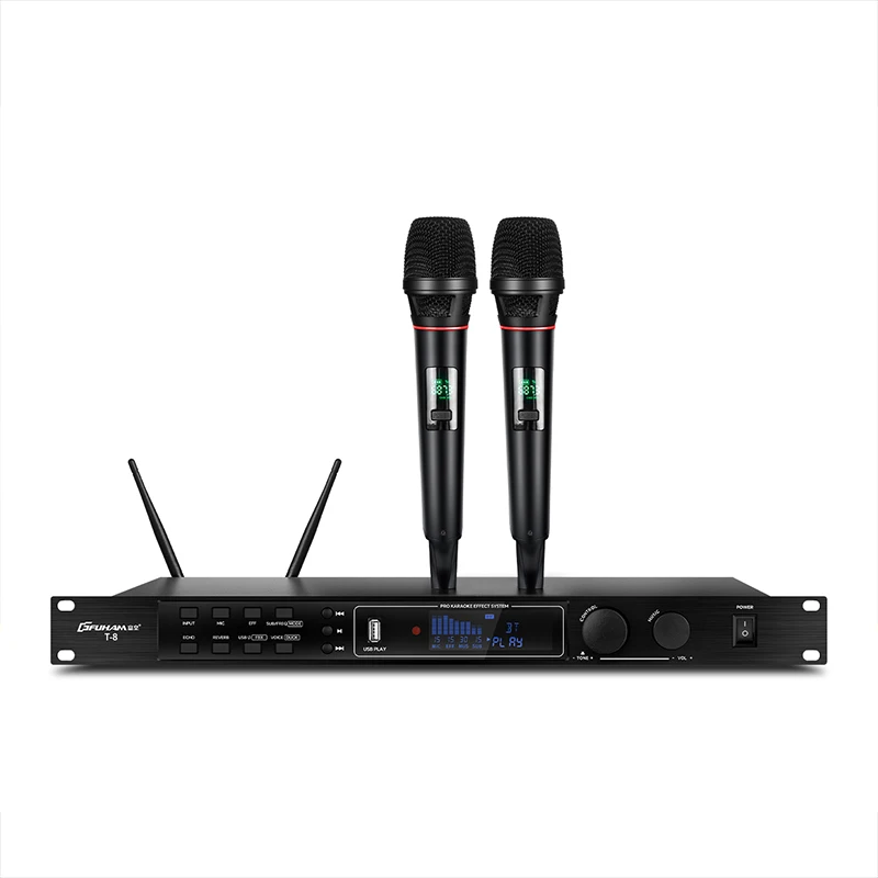FUHAM T-8 Professional Karaoke System with Dual UHF Wireless Microphones Anti-Howling One-Key Vocal Remover Bluetooth Preamp Eff