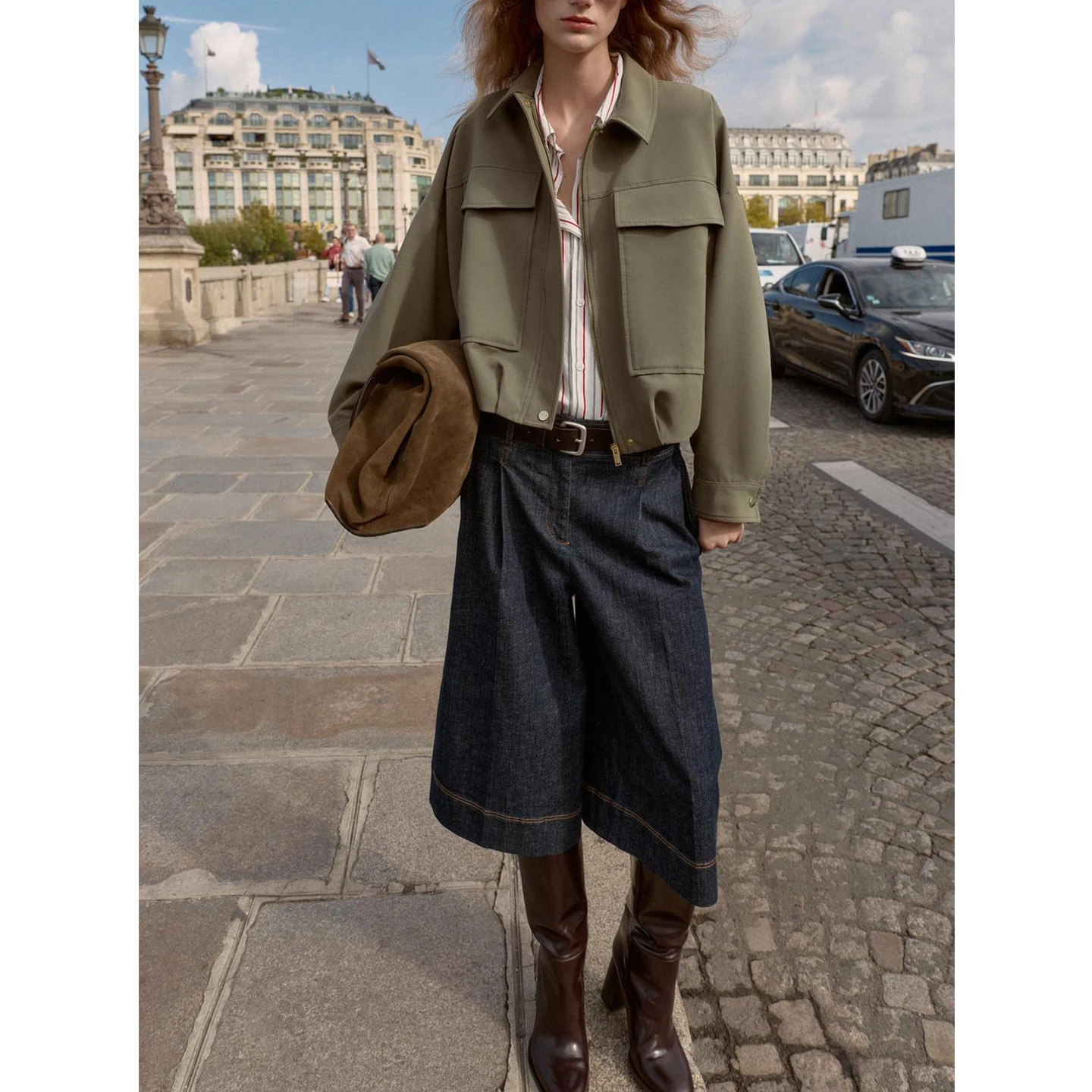 가을 겨울 신상 여성 캐주얼 아메리칸 스타일 파일럿 재킷 롱 슬리브 플리츠 밑단 루즈핏 폴리에스터 코트