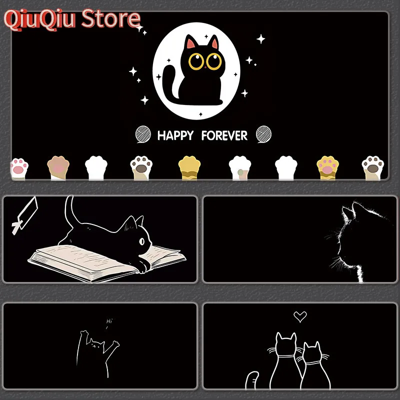 Black Simple Cat Mouse Pad Large Cute Girl Office Keyboard Pads Laptop Cartoon Non-slip Desktop Mat