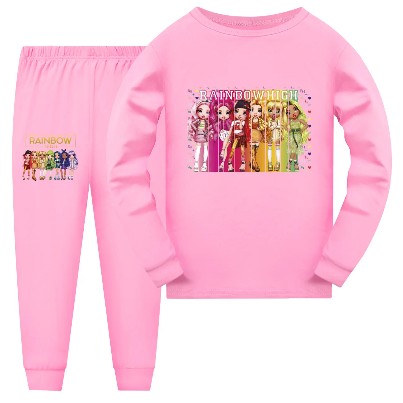 

Радужный высокий детский пижамный комплект, детская одежда из полиэстера, спортивный костюм для маленьких девочек, футболка с длинными рукавами для мальчиков-подростков, брюки, костюм, одежда для сна