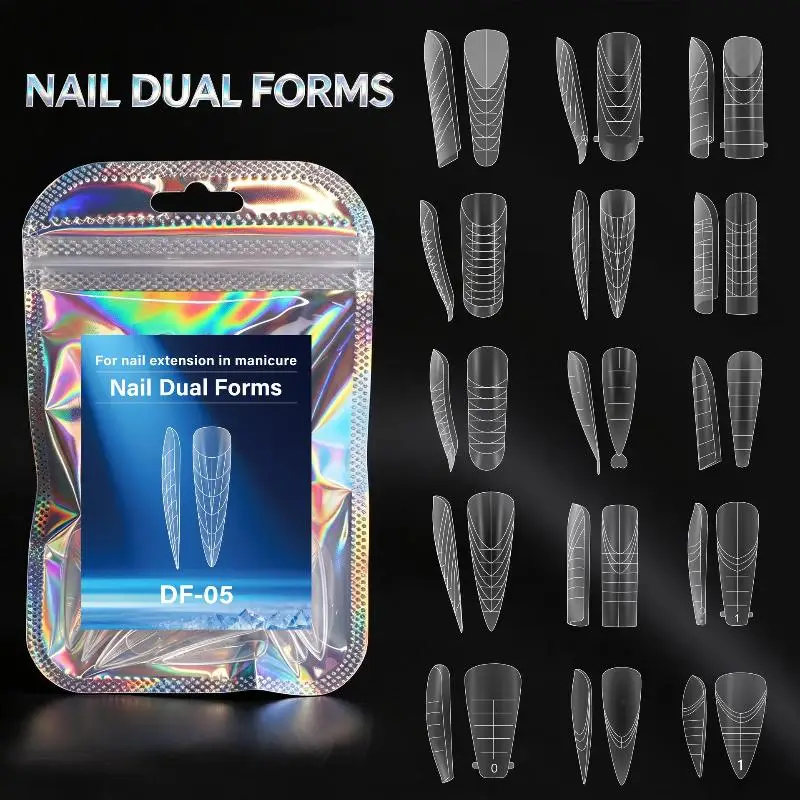 60Pcs Inner Arc Dual Nail Extension Forms Laser Packaging Reusable Non-stick Gel Nail Molds for Home Salon Use