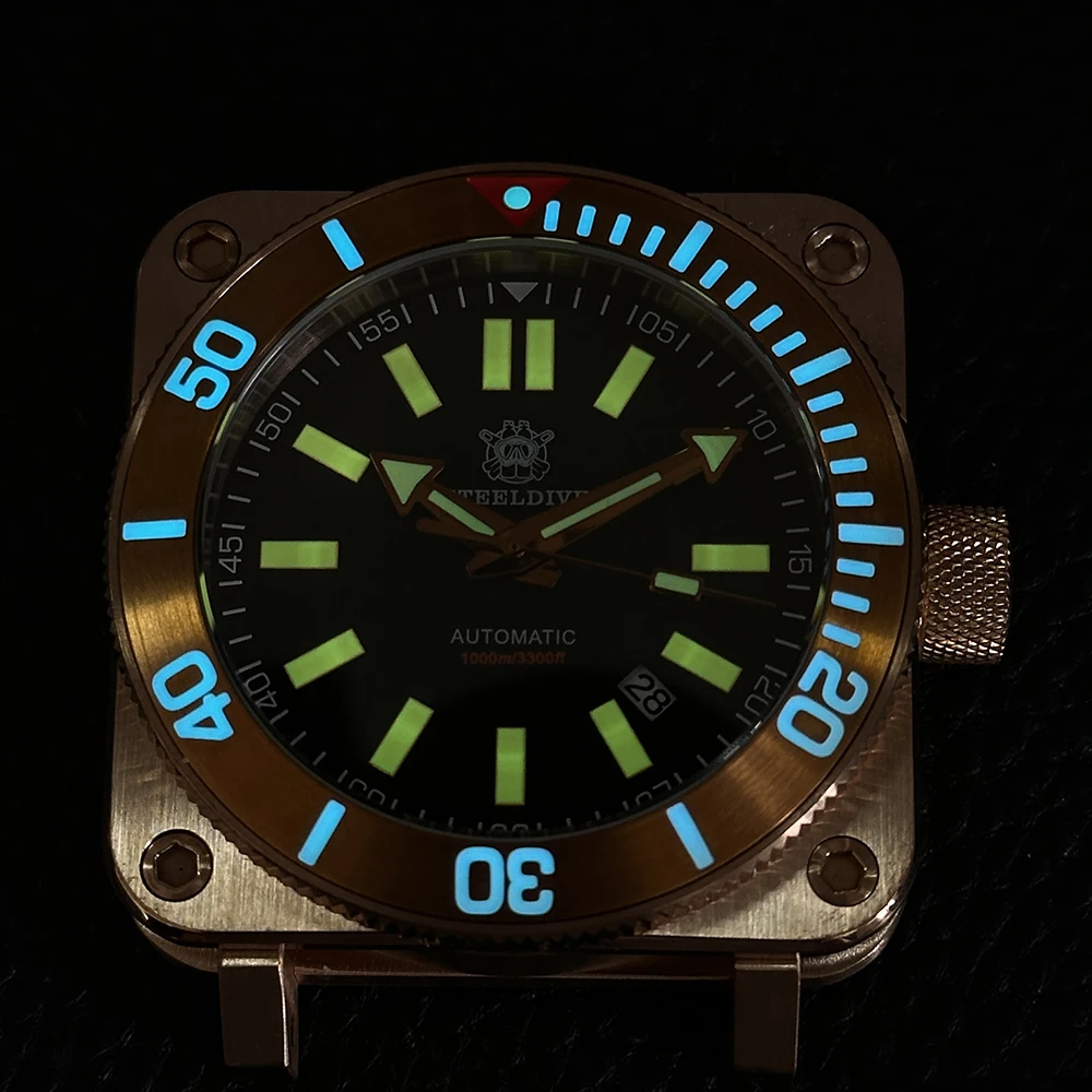 STEELDIVE Men Automatic Watch Bronze 45MM Square Mechanical Wristwatch Sapphire Diver 20ATM Waterproof Luminous NH35 Military