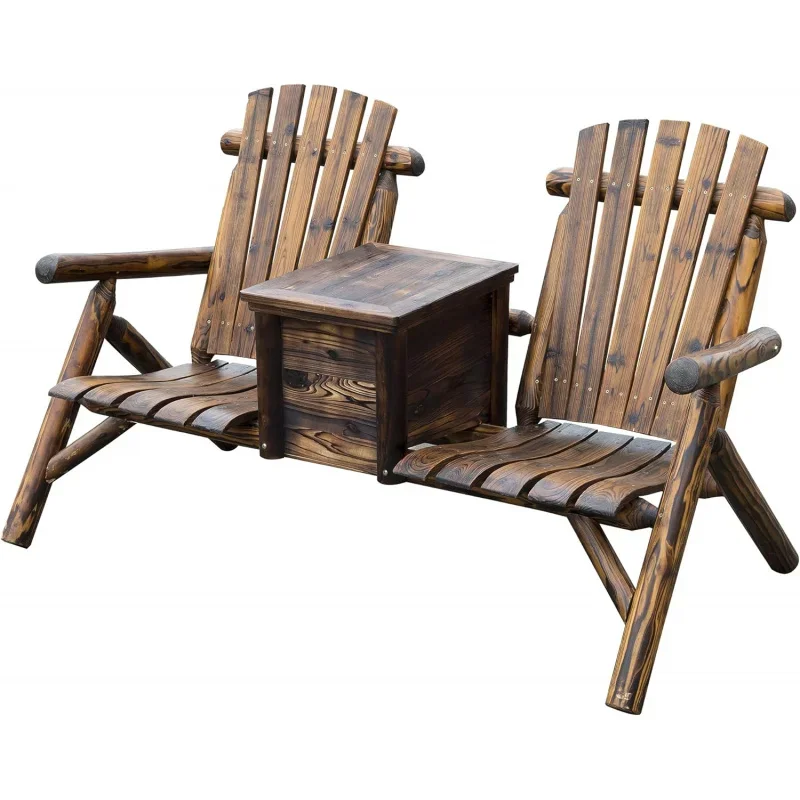 Wooden Adirondack Chair withBucket, Outdoor Loveseat with High Backrest, Smooth Armrest, Rustic Brown