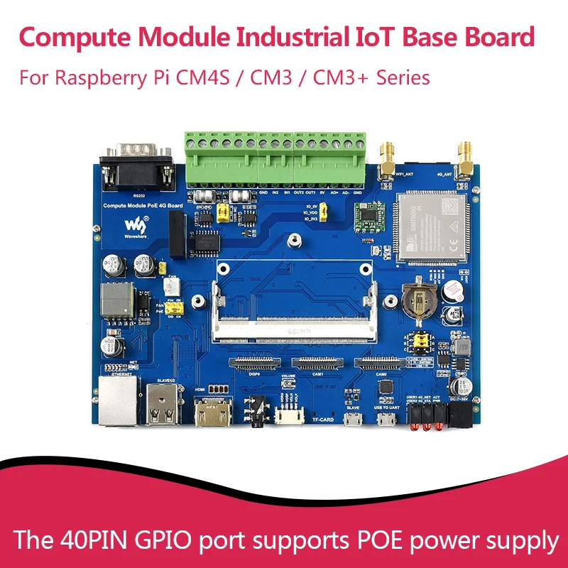 

Compute Module Industrial IoT Base Board, 4G / PoE Feature, For Raspberry Pi CM4S / CM3 / CM3+ Series