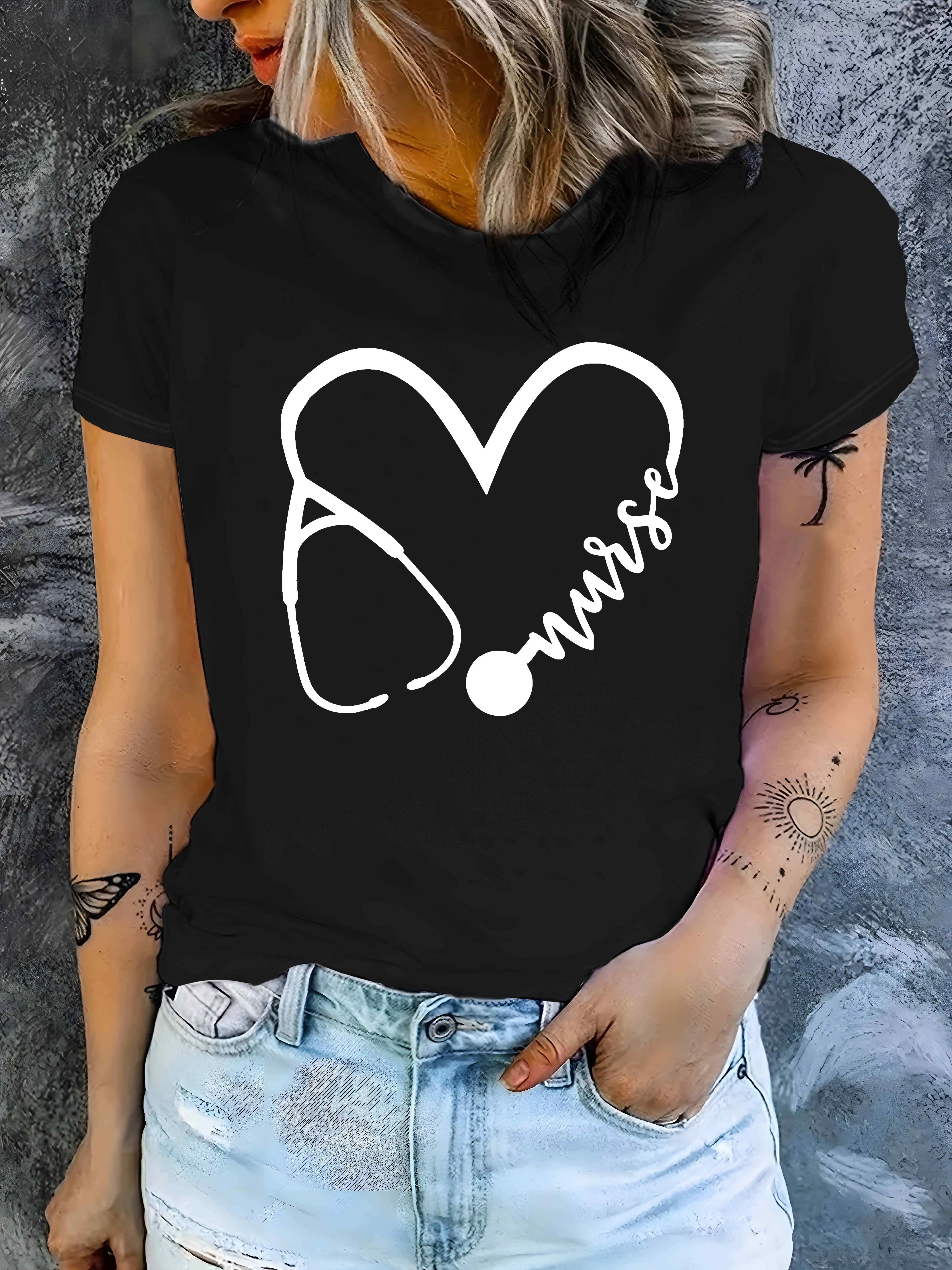 Women's Casual Short Sleeve T-Shirt - Nurse Heart Stethoscope Graphic Print with Design Round Neck Summer Top Aesthetic Clothes