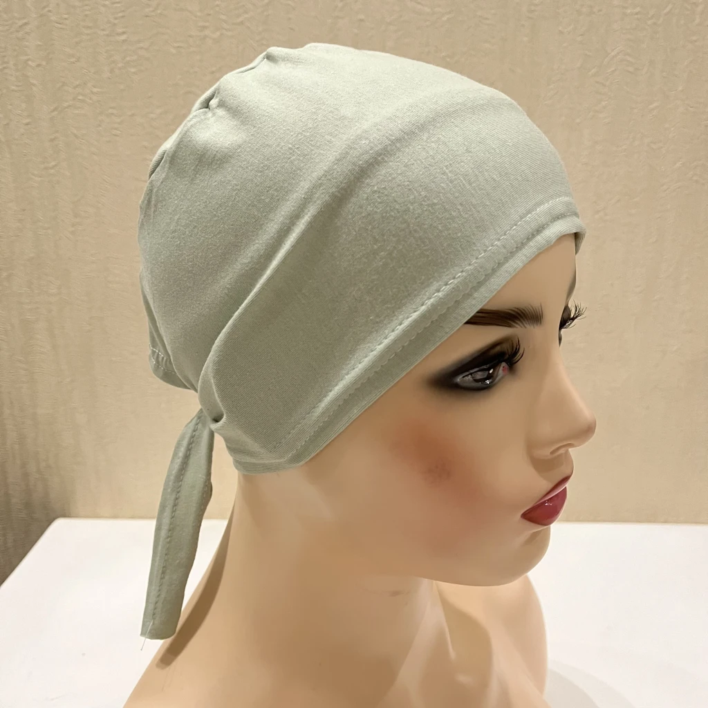 H048 Plain Cotton Tie Back Hats Muslim Turban Pure Color Stretch Inner Hijabs Underscarf Women Head Scarf Under Hijab Bonnet
