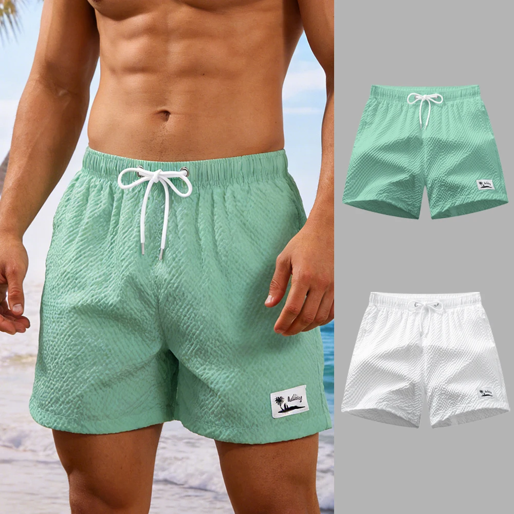 

Summer Men's Quick Dry Texture Drawstring Waist Shorts with Mesh Lining Phone Pocket Outdoor Casual Surfing Beach Swim Trunks