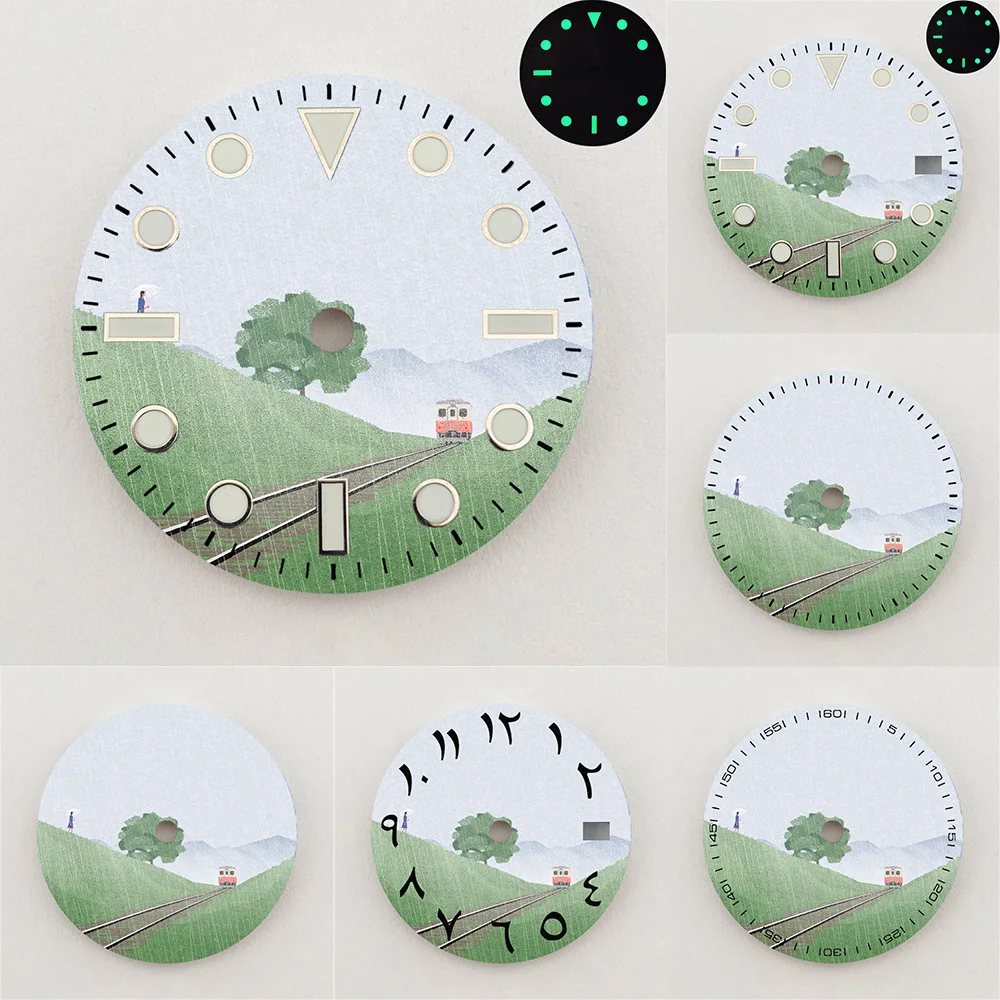 28.5mm NH35 Dial Country Railway Scenery Dial Green Luminous Dial Color NH36 Dial Watch Accessories Fits NH35/NH36 Movement