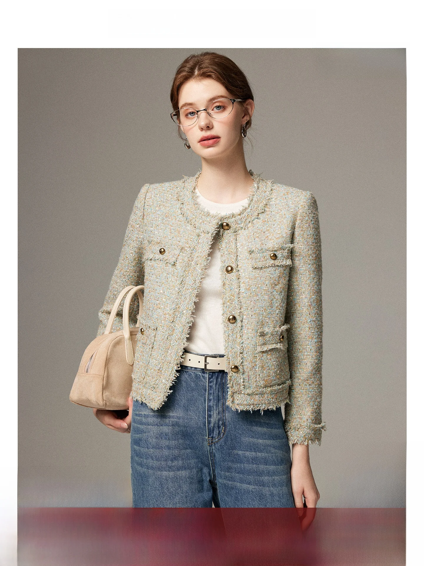 

Young Women's ort Ele Knitted Outerwear Autumn Winter New Sle Thi Tweed Fabric Soft Fraance Sle round Ne Butt...