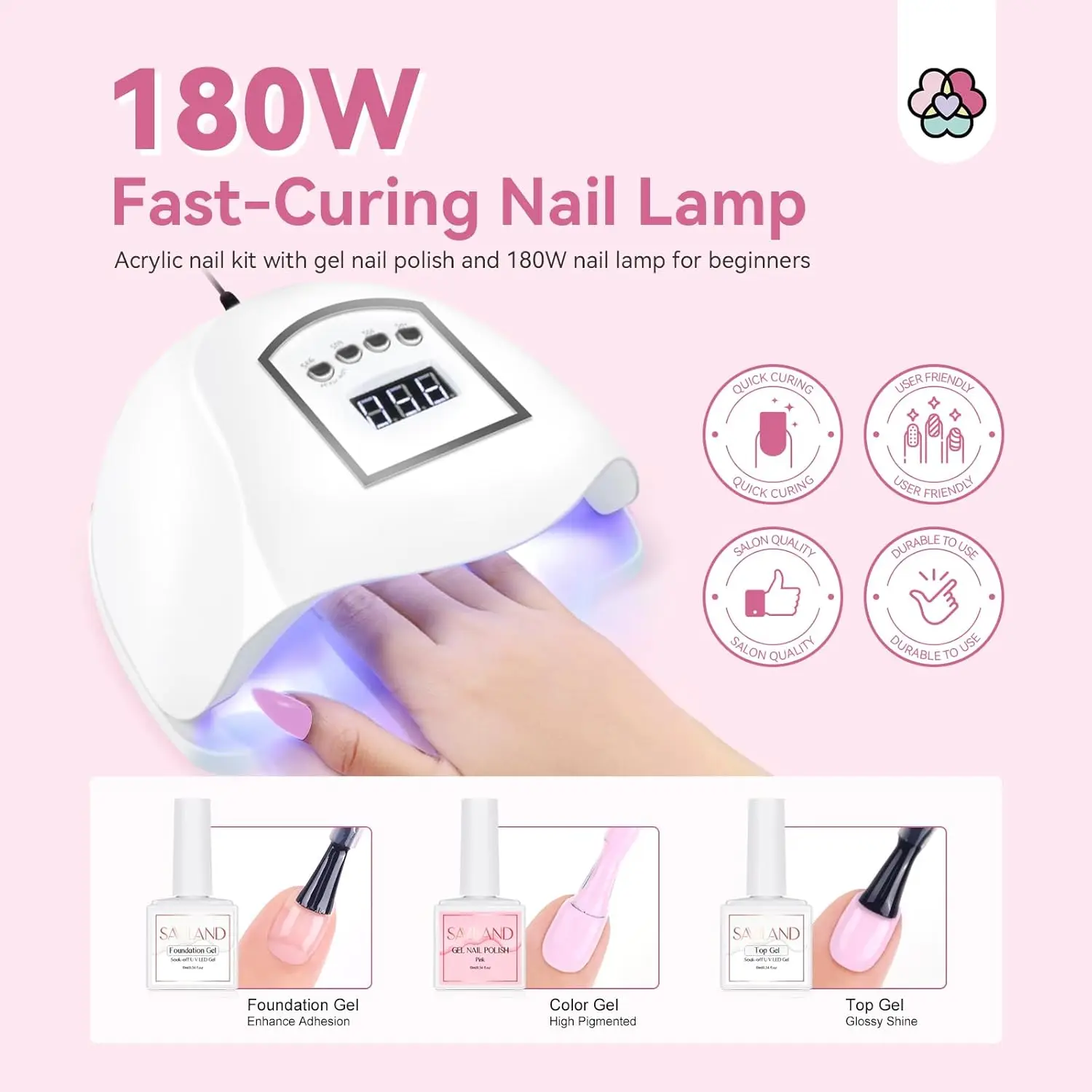 Beginner Acrylic Nail Kit with Gel Polish, 180W Lamp, Drill & Full Tools for Home DIY Nail Art