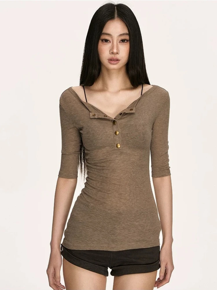 Deeptown Brown Vintage Women T-Shirts Elegant Half Sleeve Korean Fashion Button Tees Slim Aesthetics Old Money Basic Casual