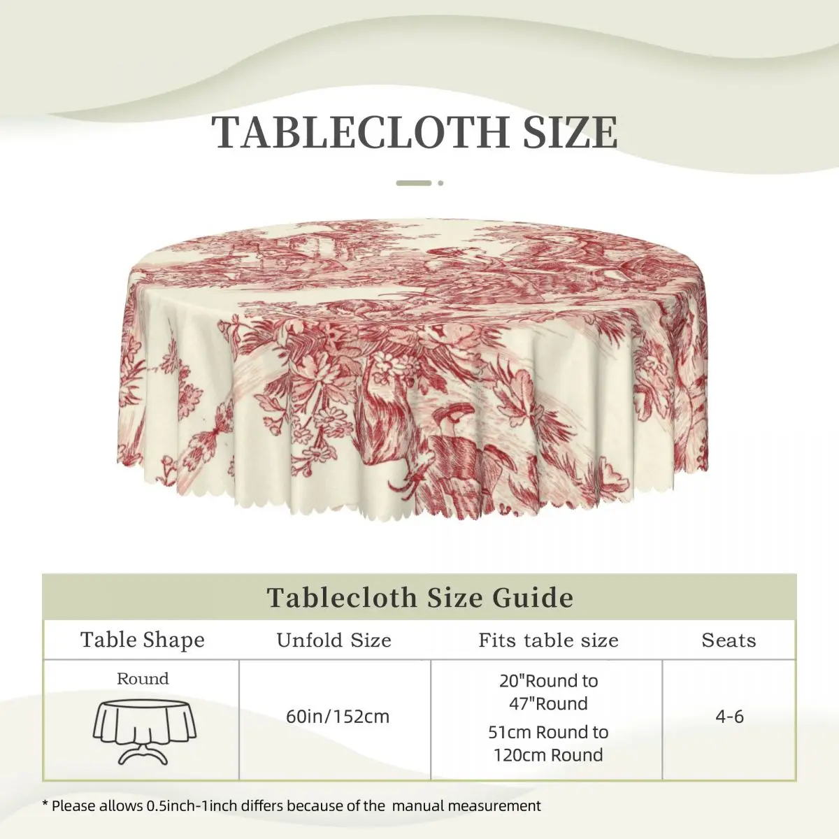 French Country Toile De Jouy Tablecloth Round Waterproof Motifs Table Cover Cloth for Banquet 60 inches