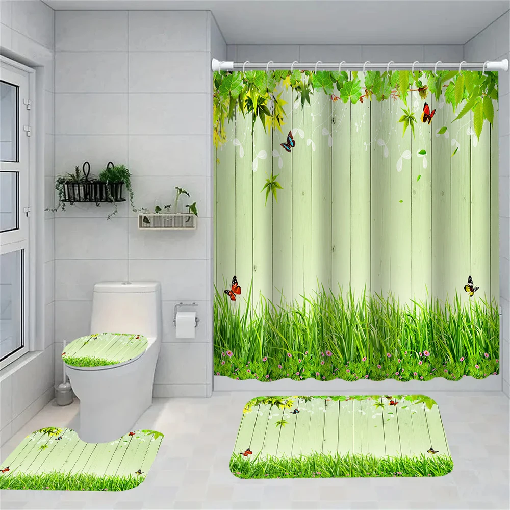 

1/4 Landscape Home Bathroom Curtains, Toilet Seat Decoration, Shower Curtain Carpet, Shower Curtain with Carpet and Toilet Lid