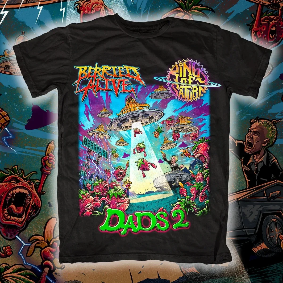 Rings of Saturn Berried Alive UFO Strawberry Monster Graphic Print T‑Shirt, Features Dual Band Logos