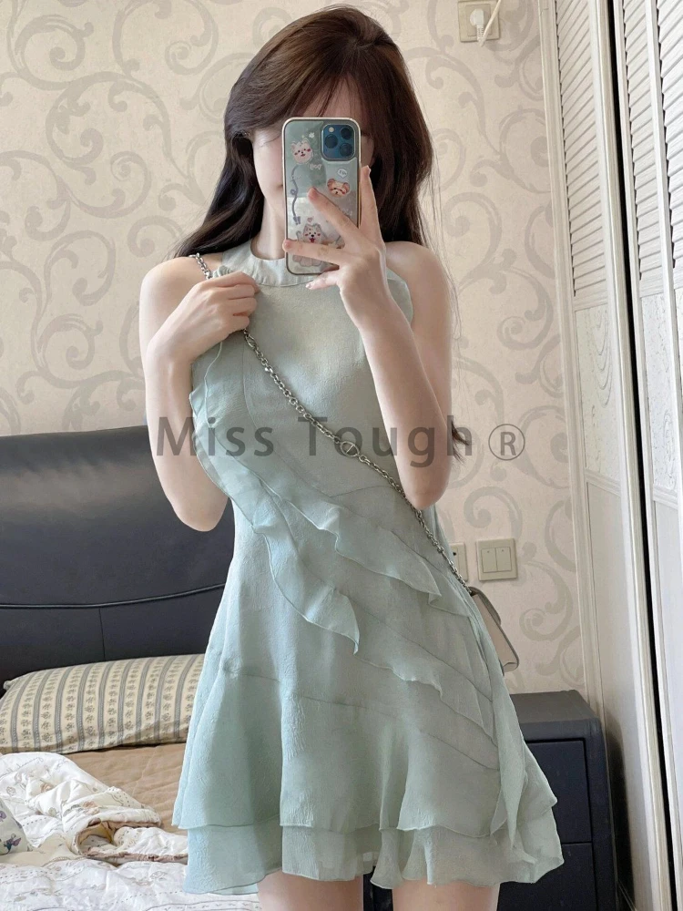 French Elegant Off Shoulder Party Dress Female Summer Hanging Neck Fairy Short Dresses Korean Fashion Ruffled Casual Clothes